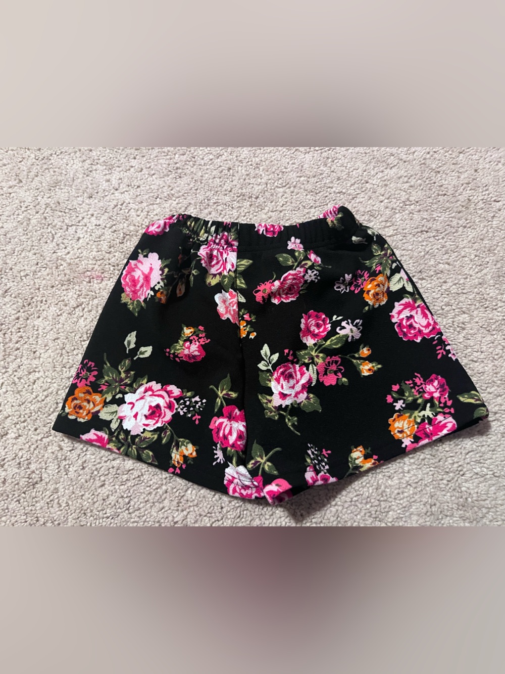 Girls Black Floral Elastic-Waist Shorts